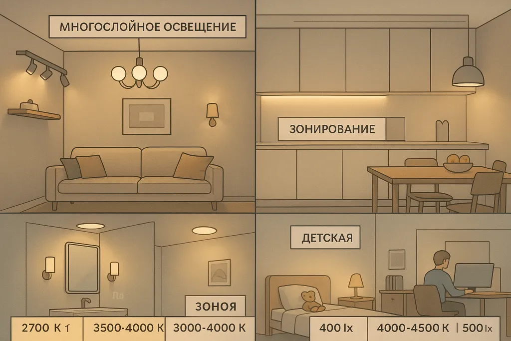 Освещение разных помещений дома и офиса: как выбрать светильники для гостиной, кухни, ванной, детской и рабочего пространства