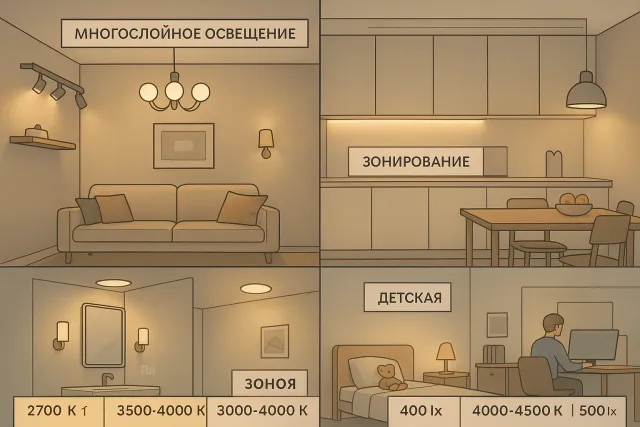 Освещение разных помещений дома и офиса: как выбрать светильники для гостиной, кухни, ванной, детской и рабочего пространства